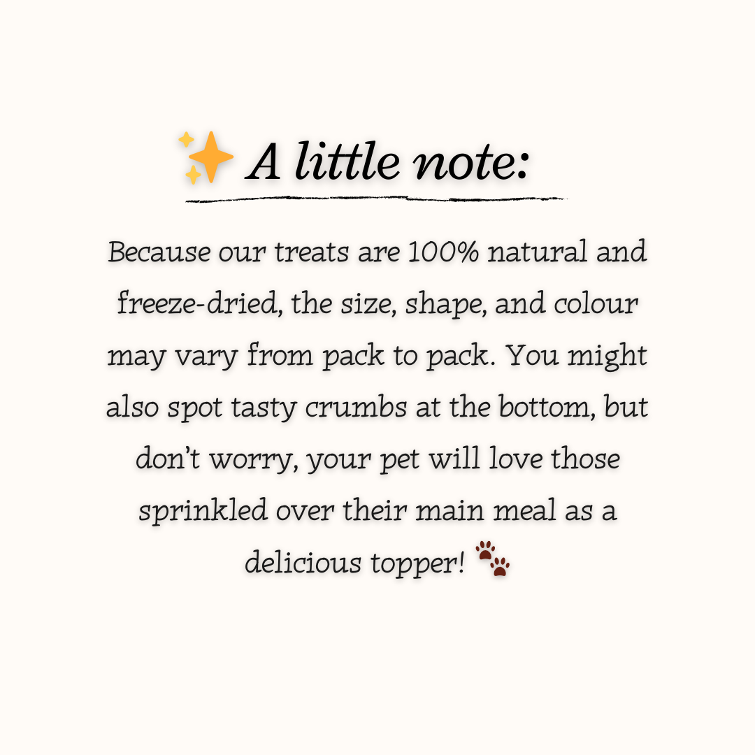Text explaining natural and freeze-dried pet treats with a note about variations and crumb presence.