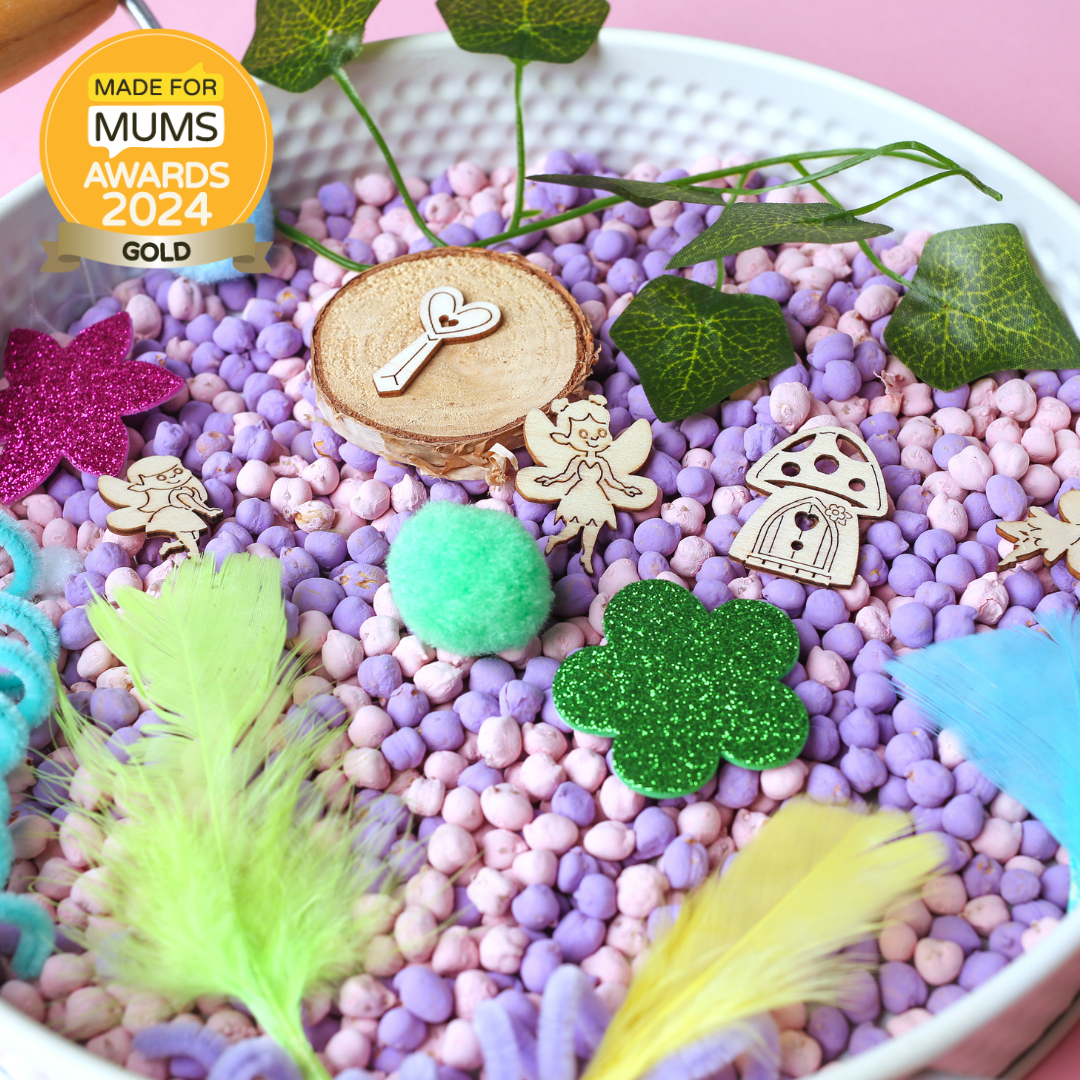 Children's playset with fairy-themed decorations on a pink background, featuring 'Made for Mums Awards 2024 Gold' badge.