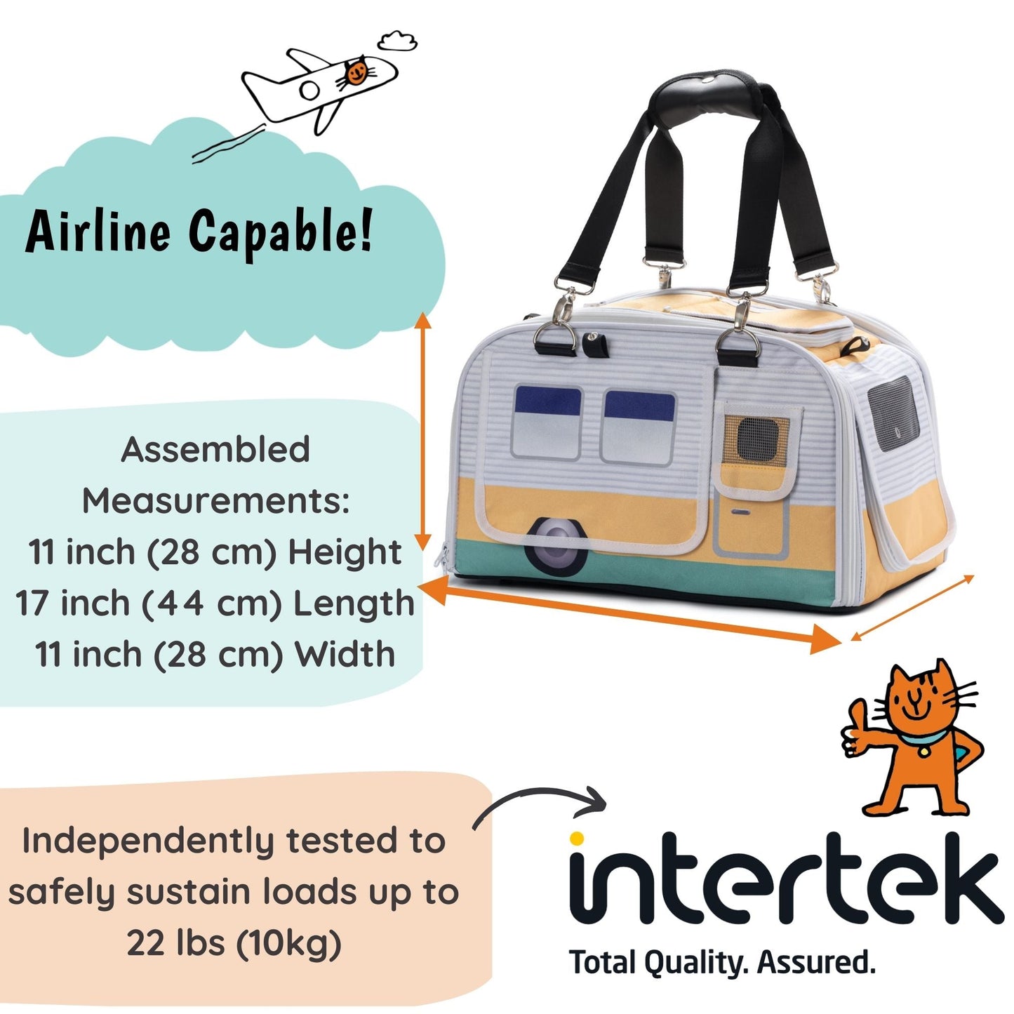 Travel bag with caravan design, measurements, and Intertek certification on a white background