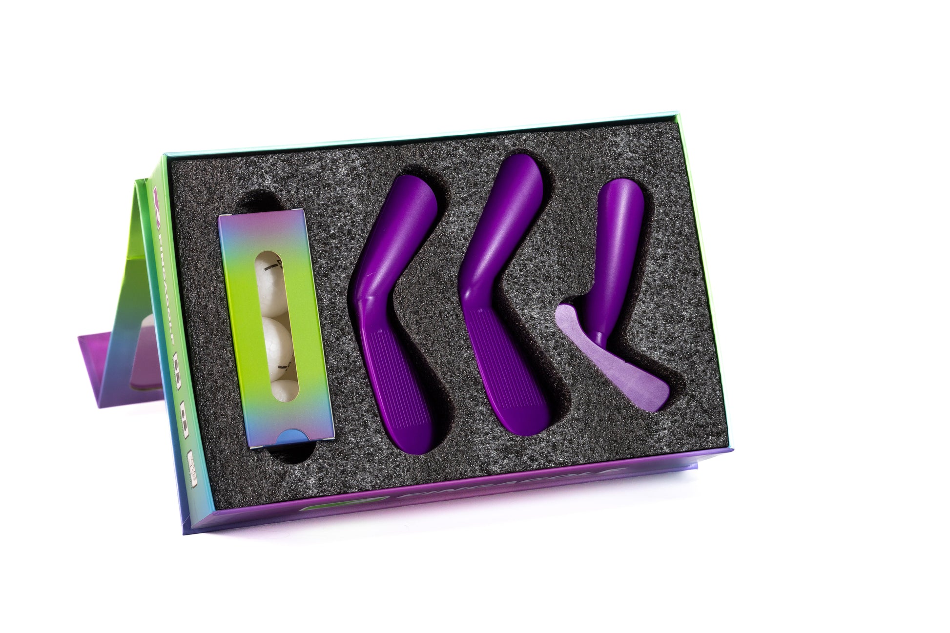 Purple fingagolf clubs in a black box on a white background