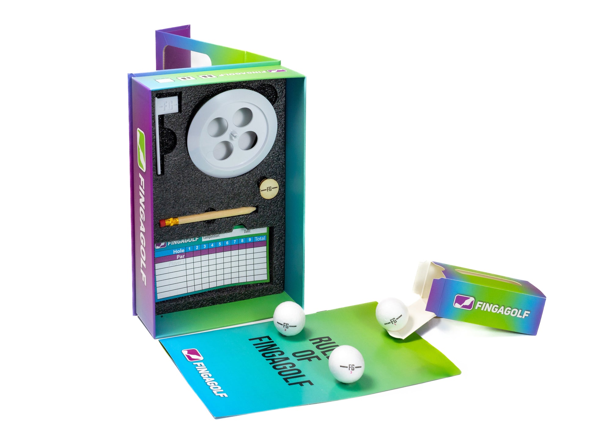 Golf-themed product set with balls, book, and accessories on a white background