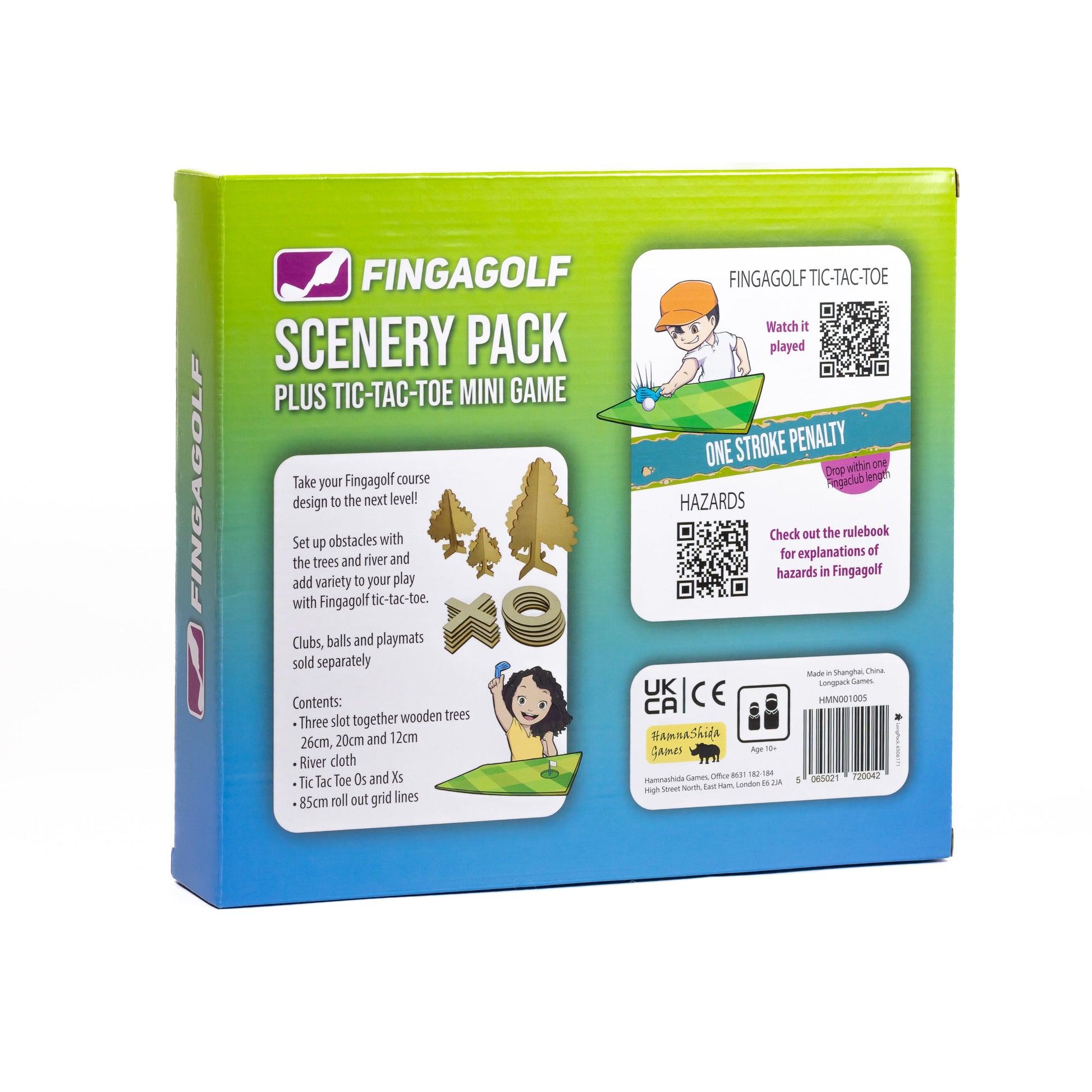 Fingagolf Scenery Pack packaging with game components and branding on a white background