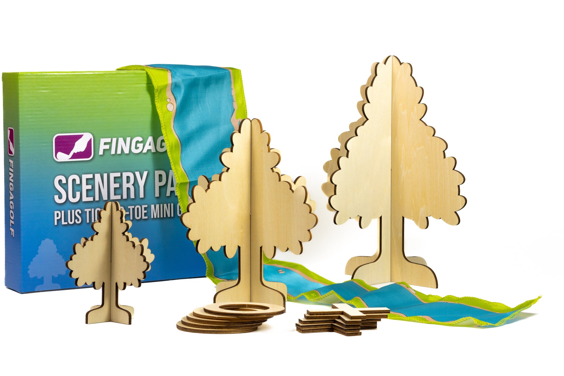 Wooden tree models with packaging labeled 'FINGAL Scenery Path' on a white background