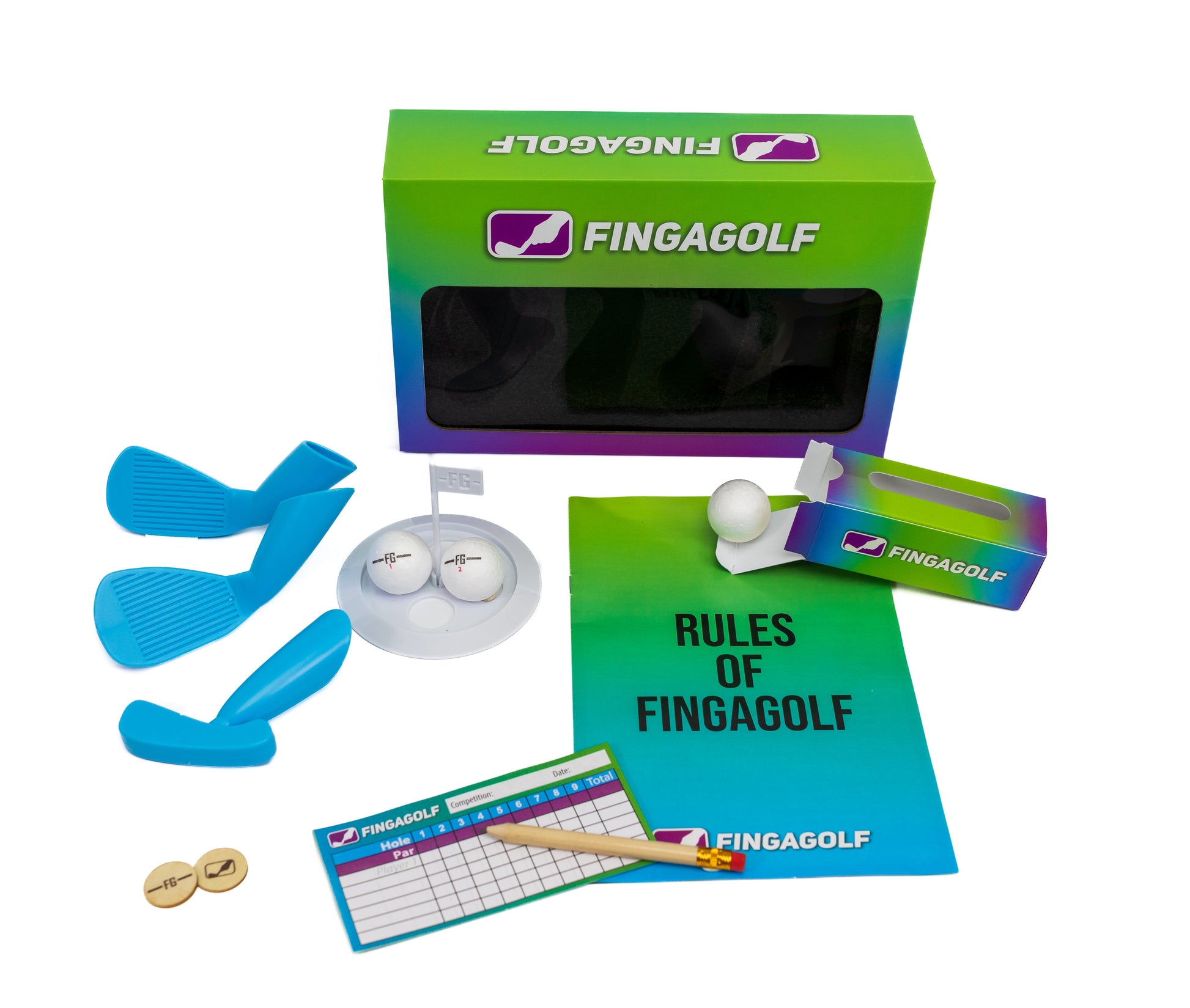 Fingagolf set with green box, blue clubs, balls, and rules book on a white background