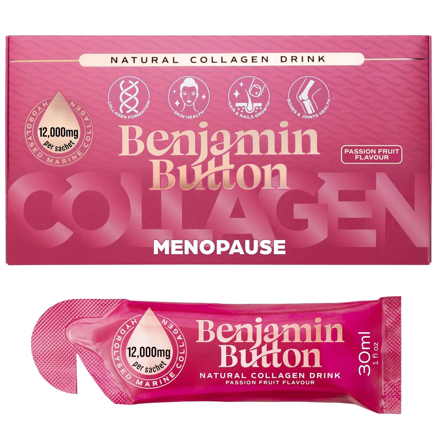 Benjamin Button collagen drink packaging with a smaller depiction of a sachet below.