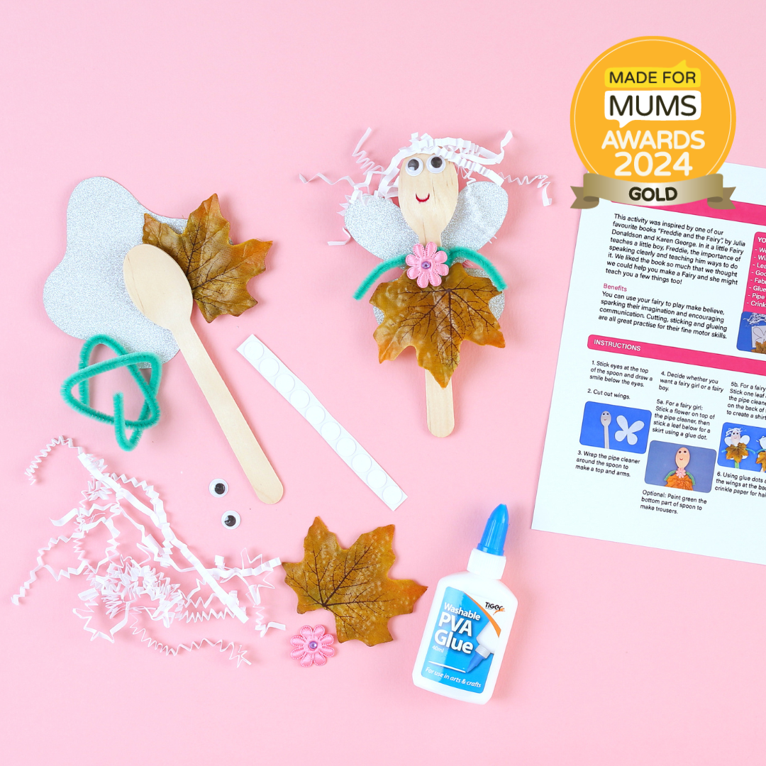 Crafting kit with leaf fairy decoration, glue, and materials on a pink background, featuring Made for Mums Awards 2024 gold badge.