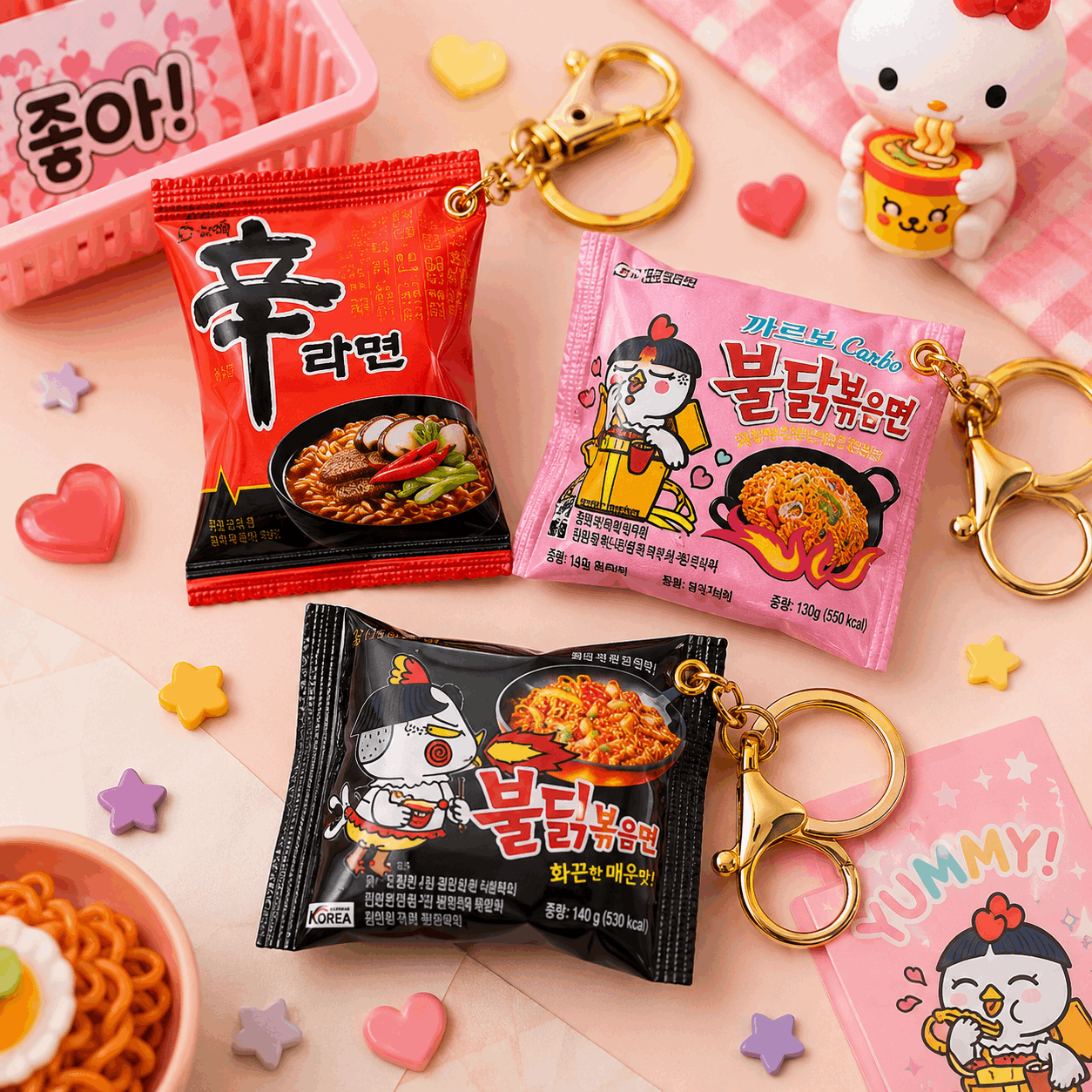 Noodle packages with keychains on a pink background