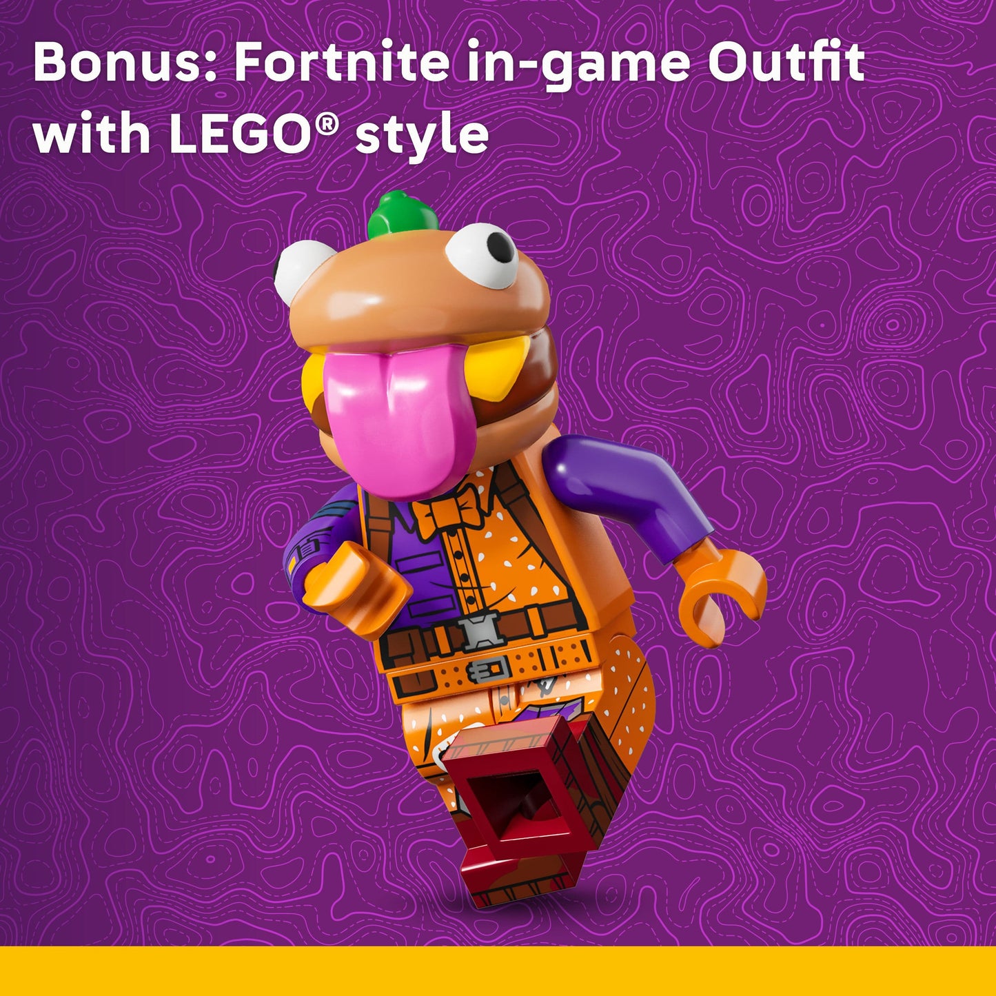 Toy figure with a colorful outfit on a purple background, featuring text about a Fortnite in-game outfit with LEGO style.