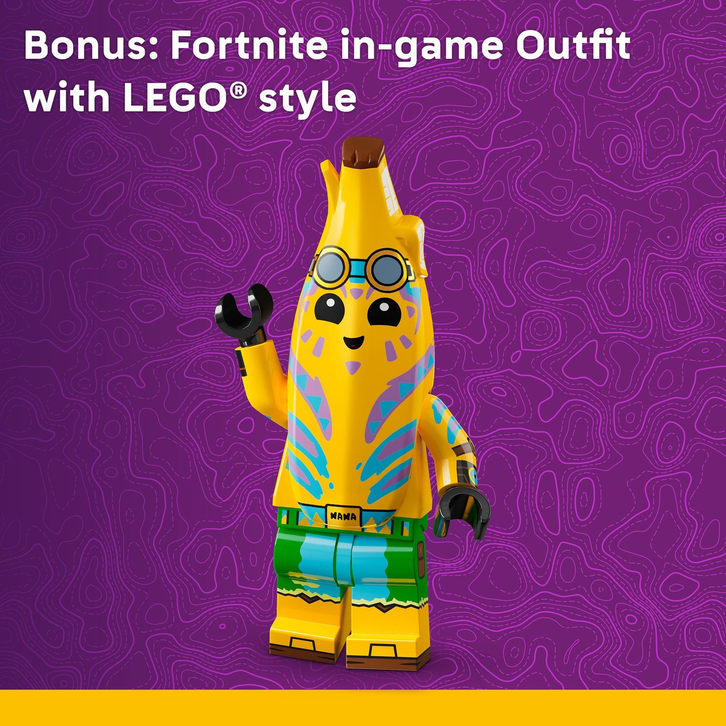 Colorful LEGO-style figure with a banana-shaped head on a purple background