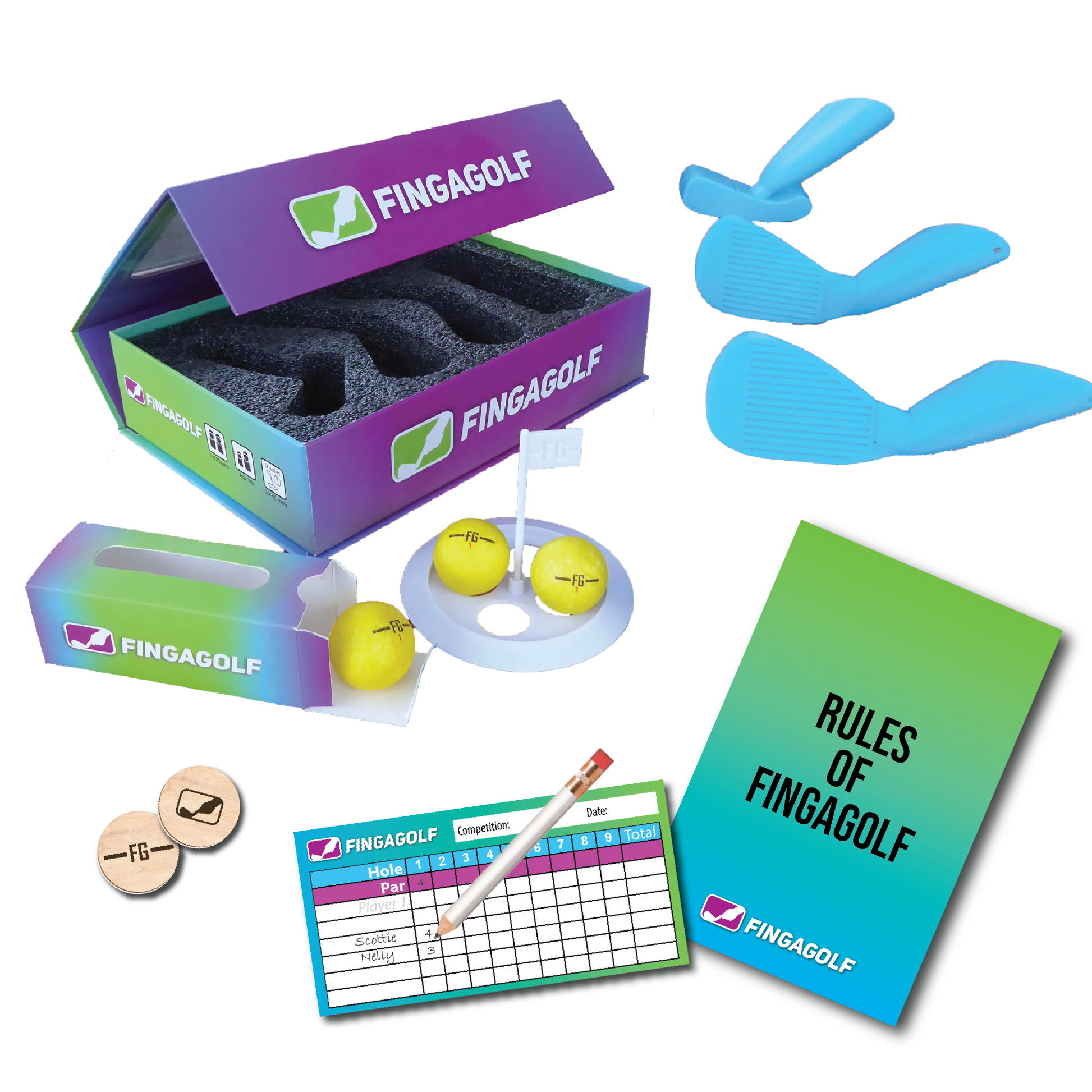 Fingagolf product set including balls, gloves, and rules book on a white background
