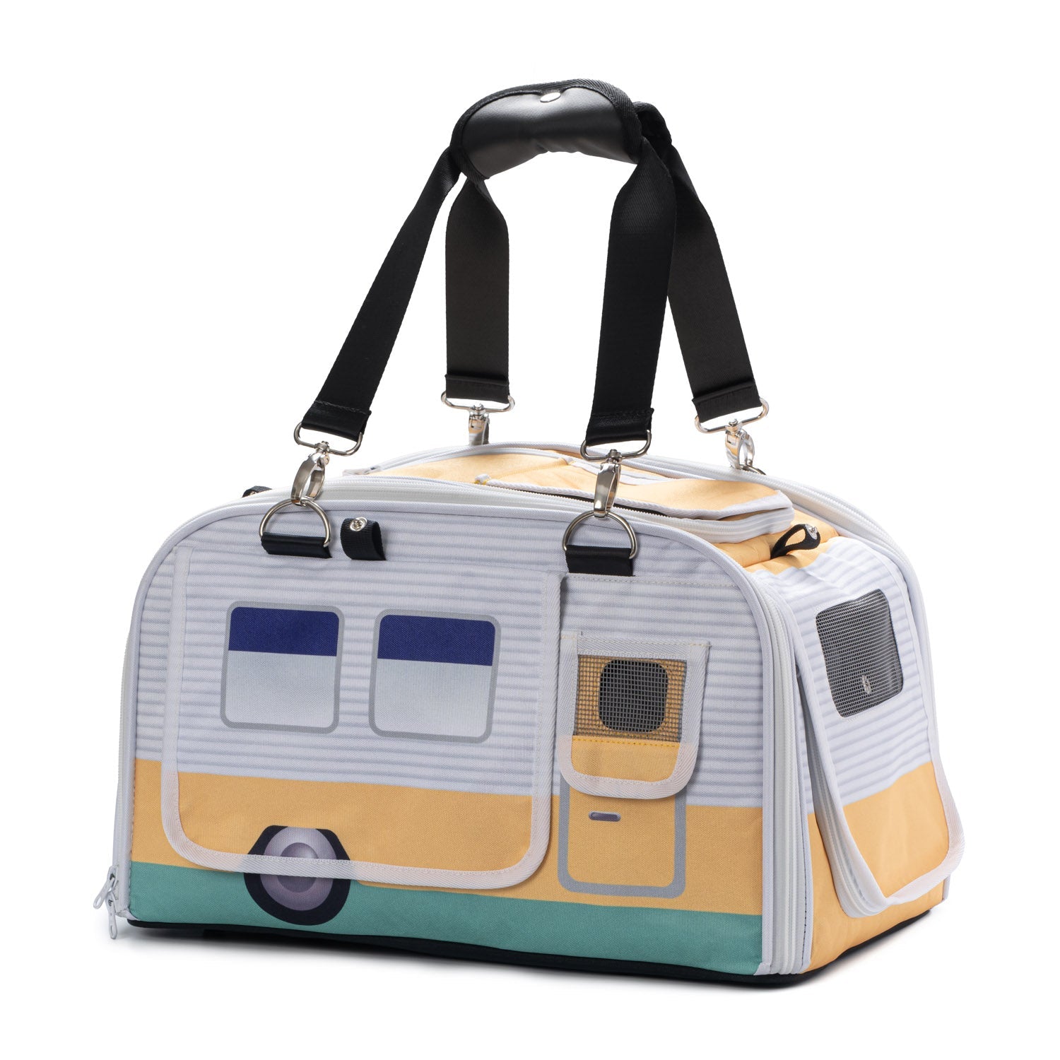Caravan-shaped pet carrier with a black strap on a white background