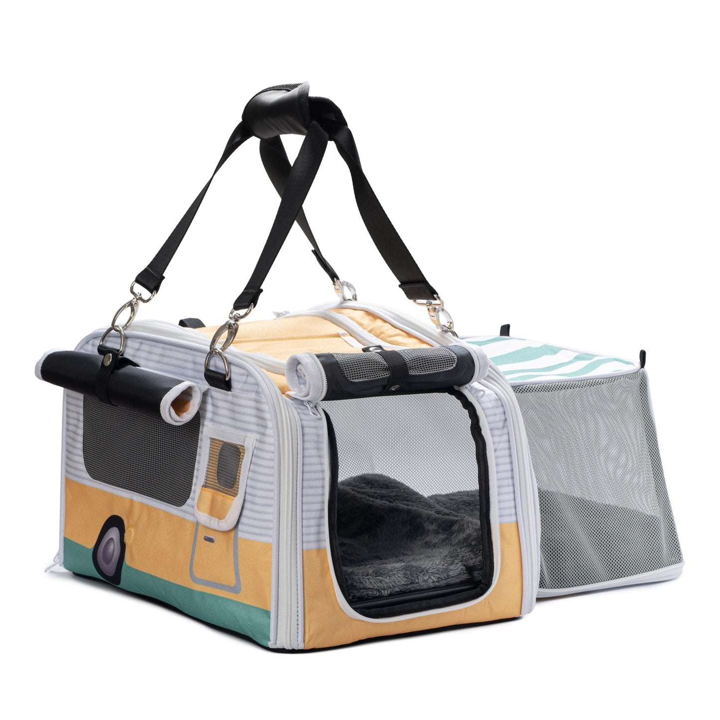 Pet carrier with camper design on a white background