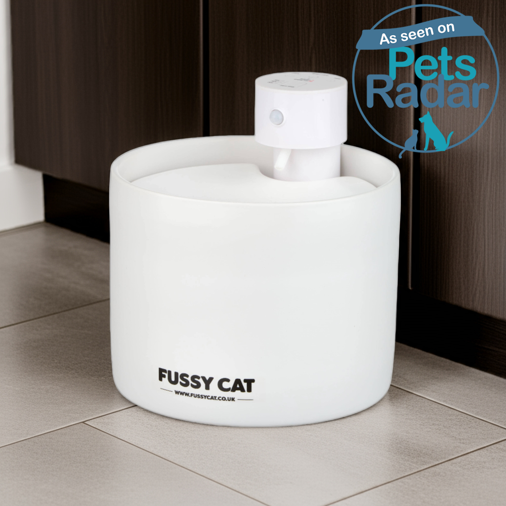 White pet product with 'Fussy Cat' branding on a tiled floor, featuring Pets Radar logo.