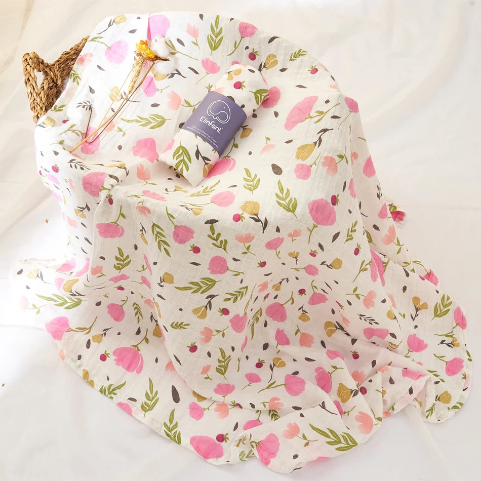 Floral-patterned fabric with a brand tag on a white background