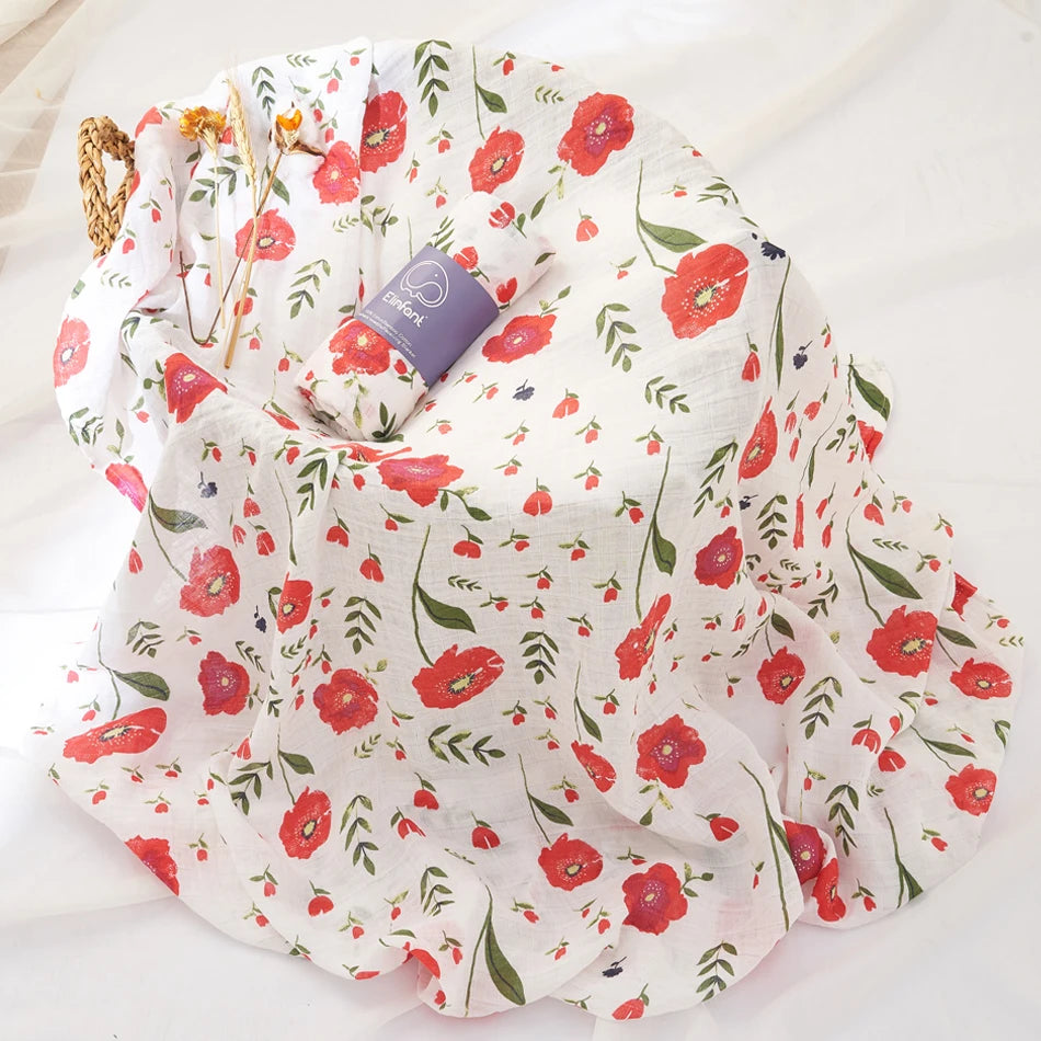 Floral-patterned fabric with a visible brand tag on a white background