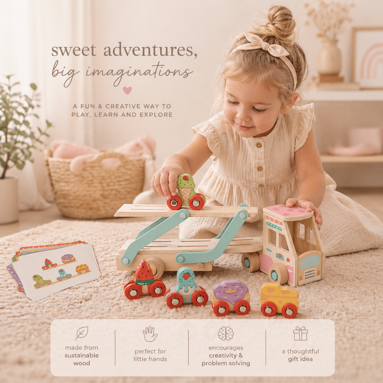 Child playing with wooden toys in a cozy room with text about the toys' benefits.
