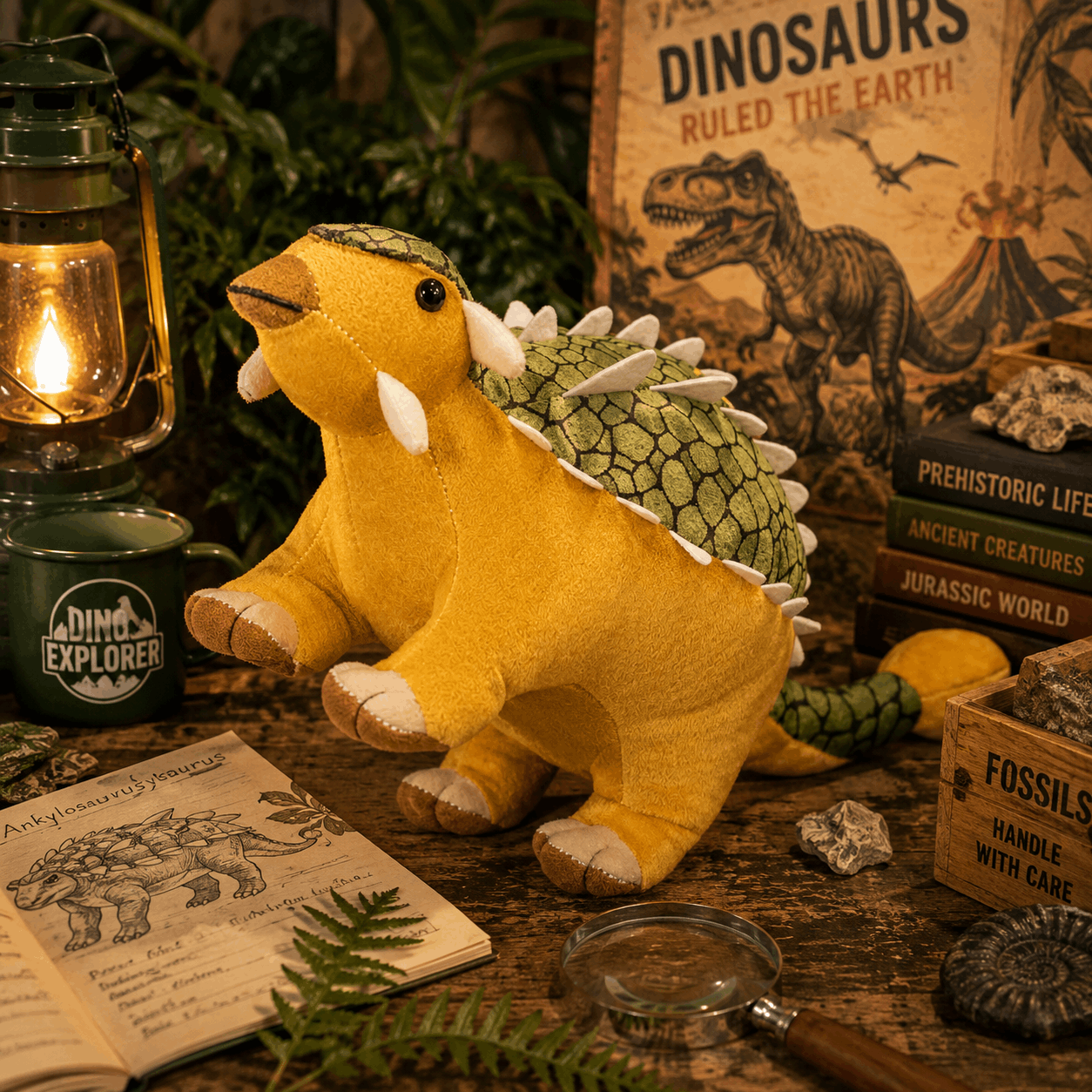Plush dinosaur toy on a table with a lamp, books, and fossils in a dinosaur-themed setting.