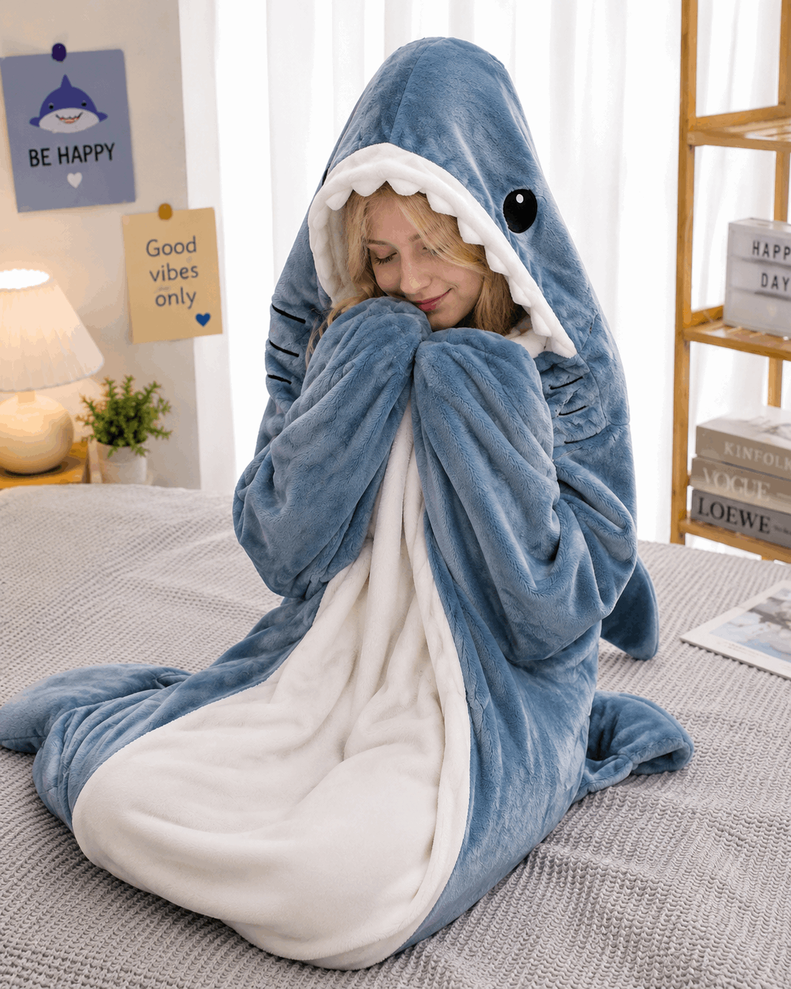 Person wrapped in a shark-shaped blanket on a bed