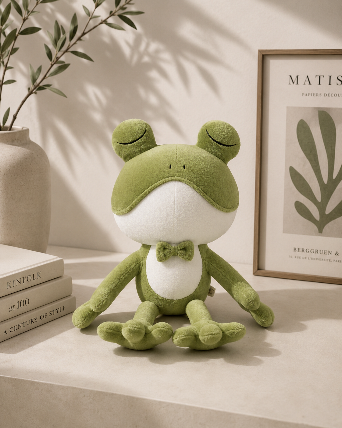 Green plush frog toy on a surface with a plant and books in the background