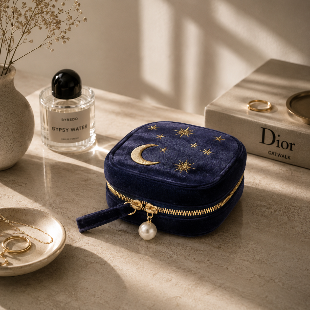 Navy blue jewelry case with gold accents on a table with a perfume bottle and books in the background.