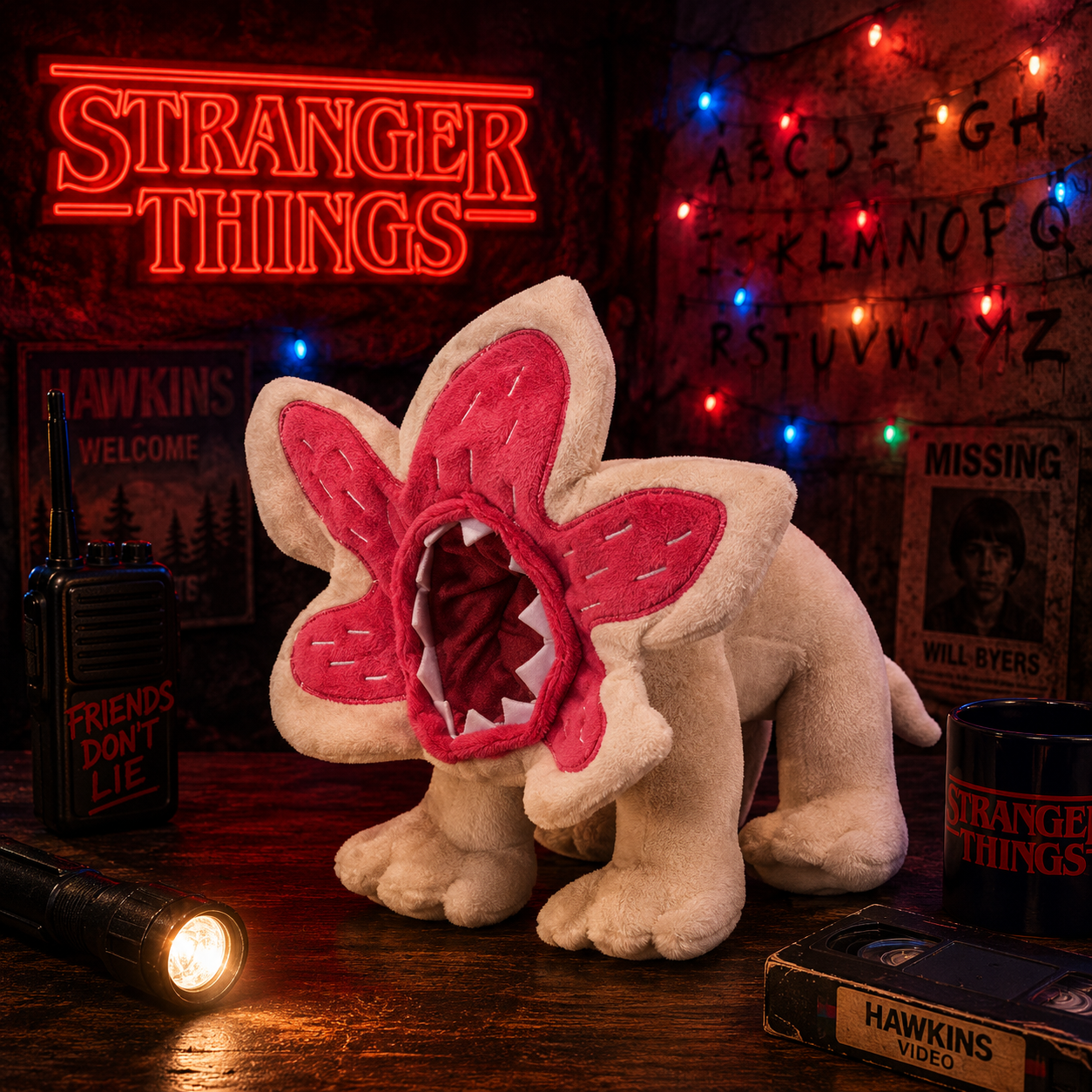 Plush toy with red mouth and ears in front of a Stranger Things neon sign and decor.
