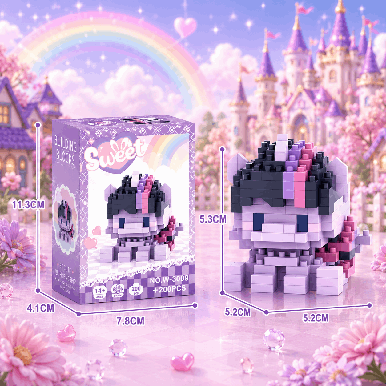Pixelated character building block set with packaging in a fantasy-themed setting