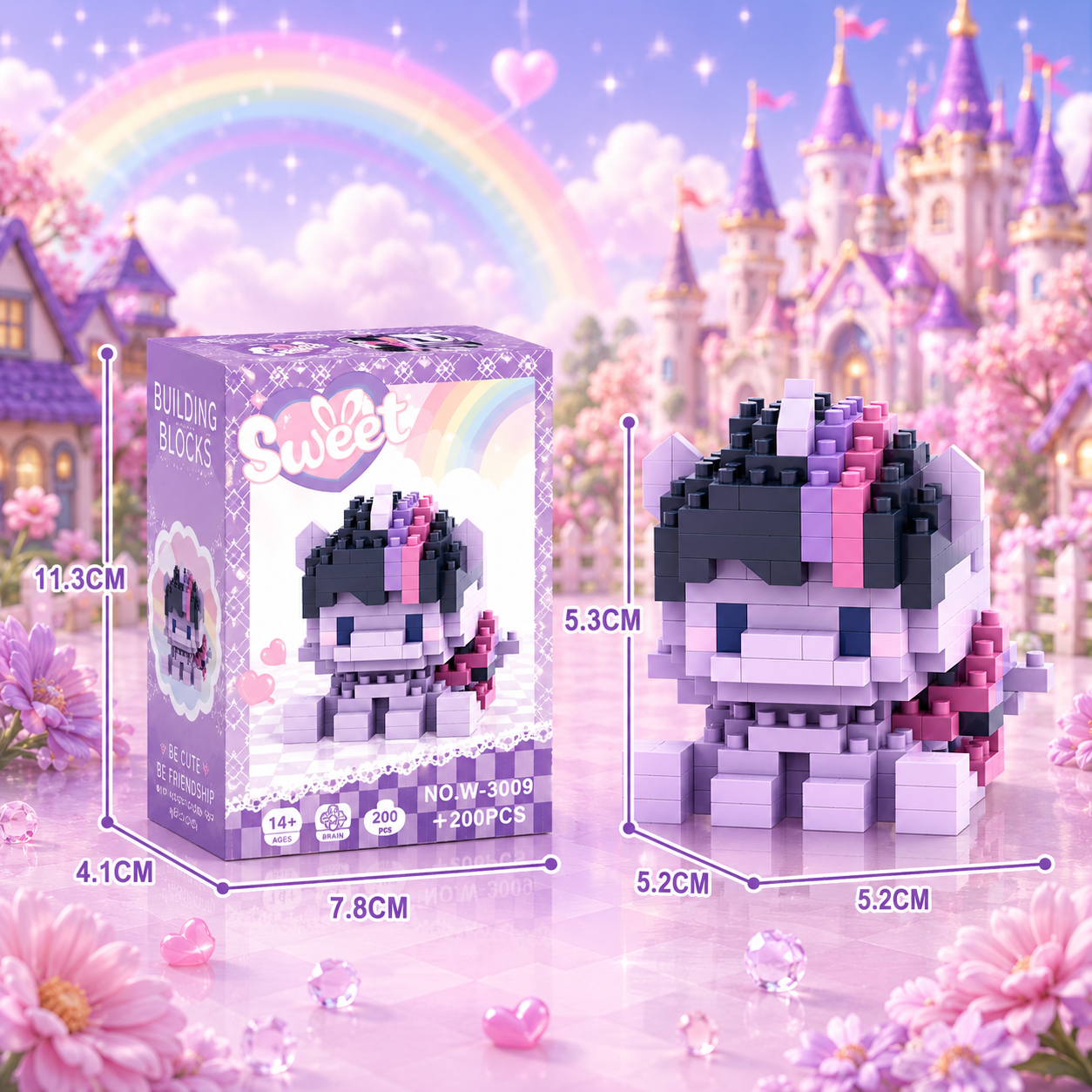 Pixelated character building block set with packaging in a fantasy-themed setting