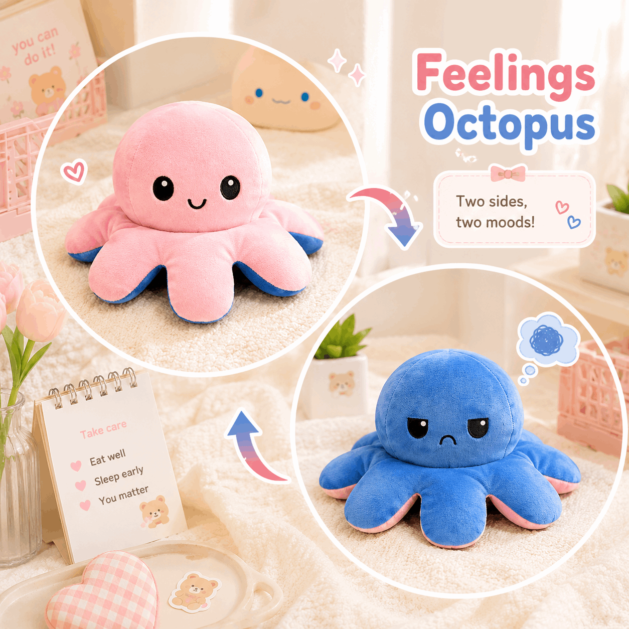 Reversible Feelings Octopus Plush Toy | Double Sided Mood Flip Plushie