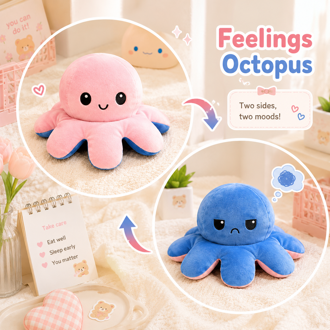 Reversible Feelings Octopus Plush Toy | Double Sided Mood Flip Plushie