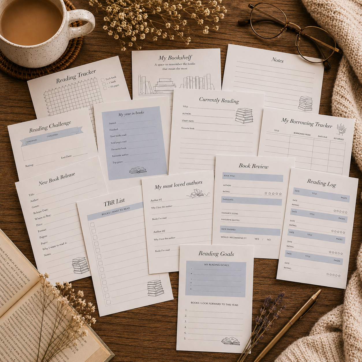 Collection of book-related worksheets on a wooden surface with a cup of coffee and glasses.