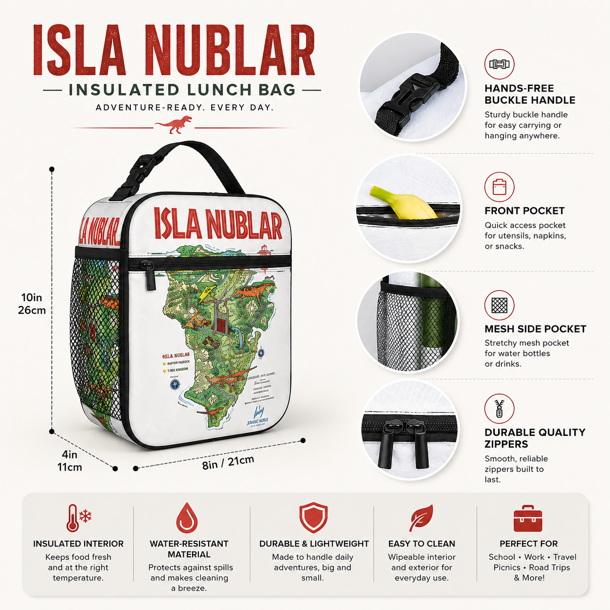 An insulated lunch bag with dimensions, features, and care instructions on a light beige background. The bag has a white front with a colorful map of Iceland, red 'ISLA NUBLAR' branding, and black handles and zippers.