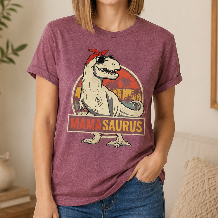 A woman wearing a heathered mauve-purple t-shirt with a retro-style graphic of a white T-Rex wearing sunglasses and a red bandana, with the text 'MAMA SAURUS' below. She is also wearing blue jeans in a cozy indoor setting.