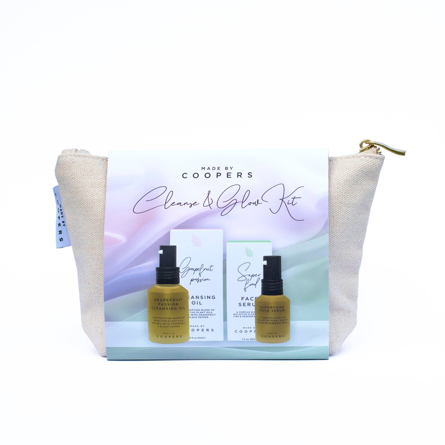 Coopers skincare kit with three bottles and a pouch on a white background