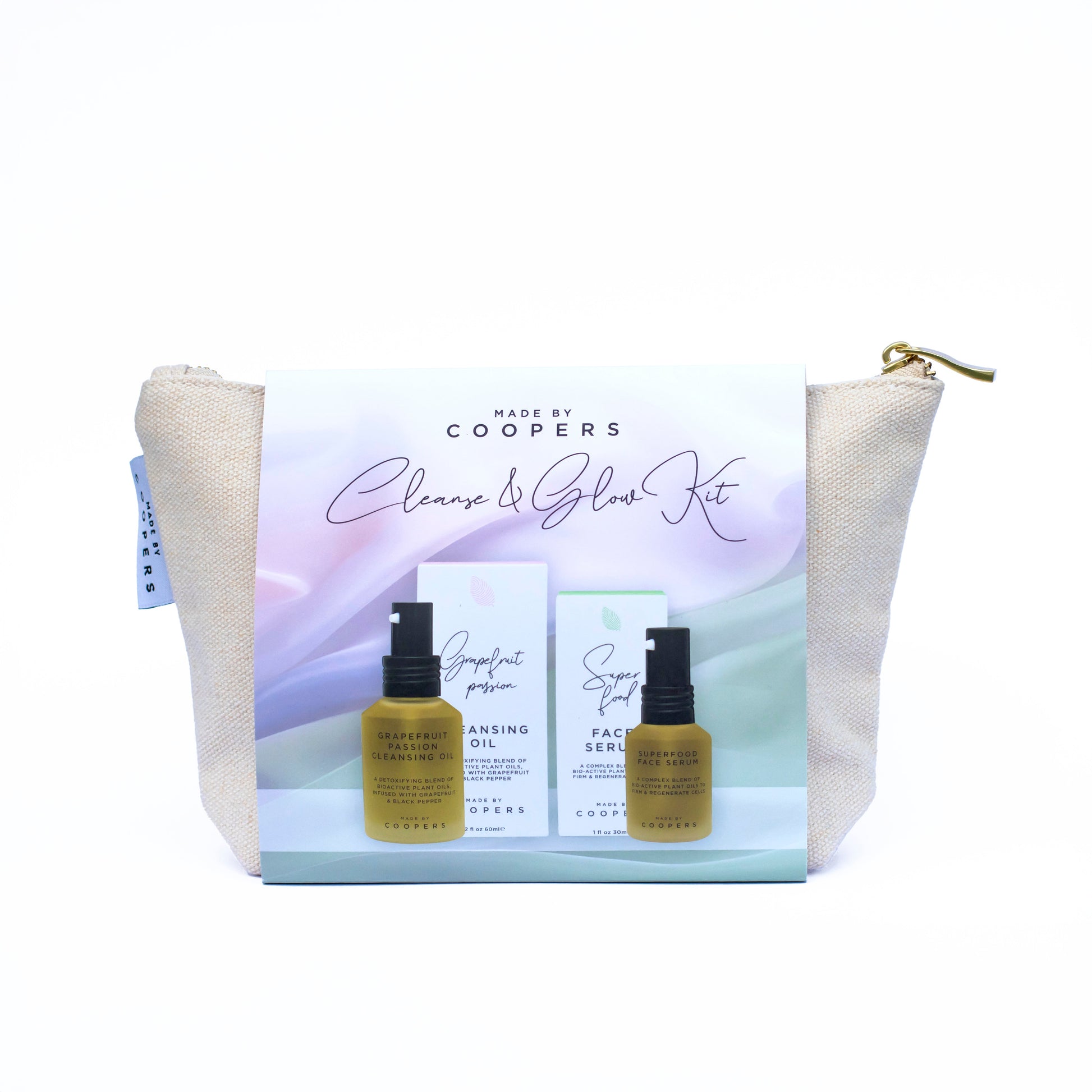 Coopers skincare kit with three bottles and a pouch on a white background