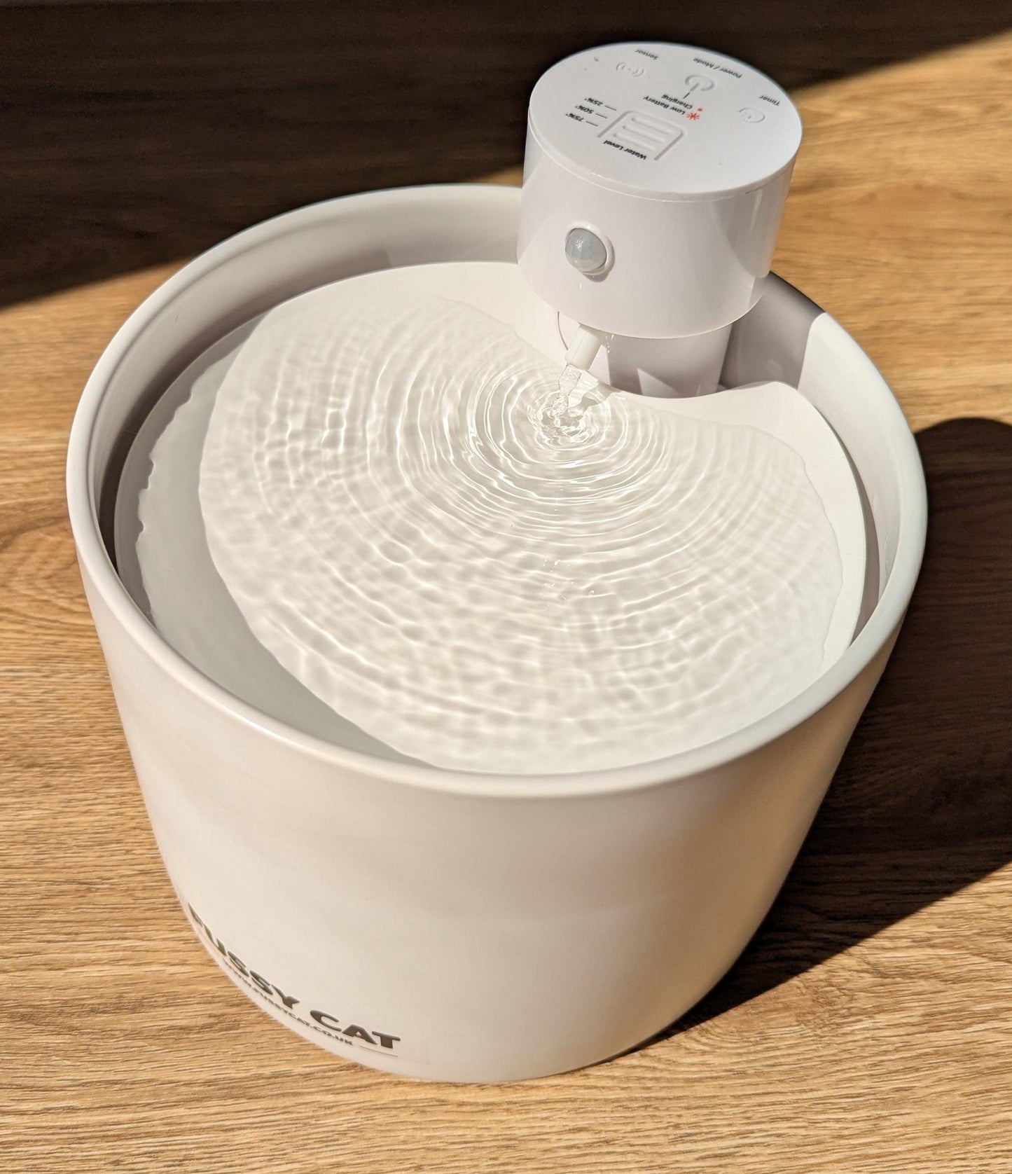 White pet water fountain on a wooden surface