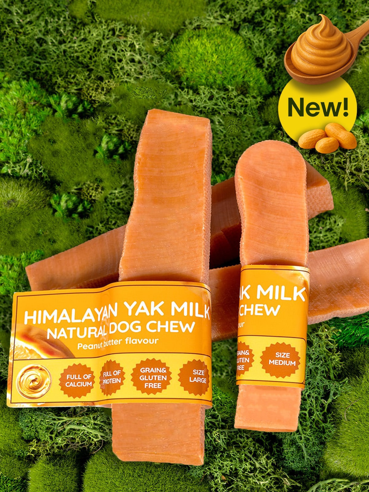 Himalayan Yak Milk Natural Dog Chew packaging on a grass background