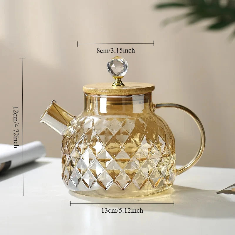 Glass teapot with measurements on a neutral background