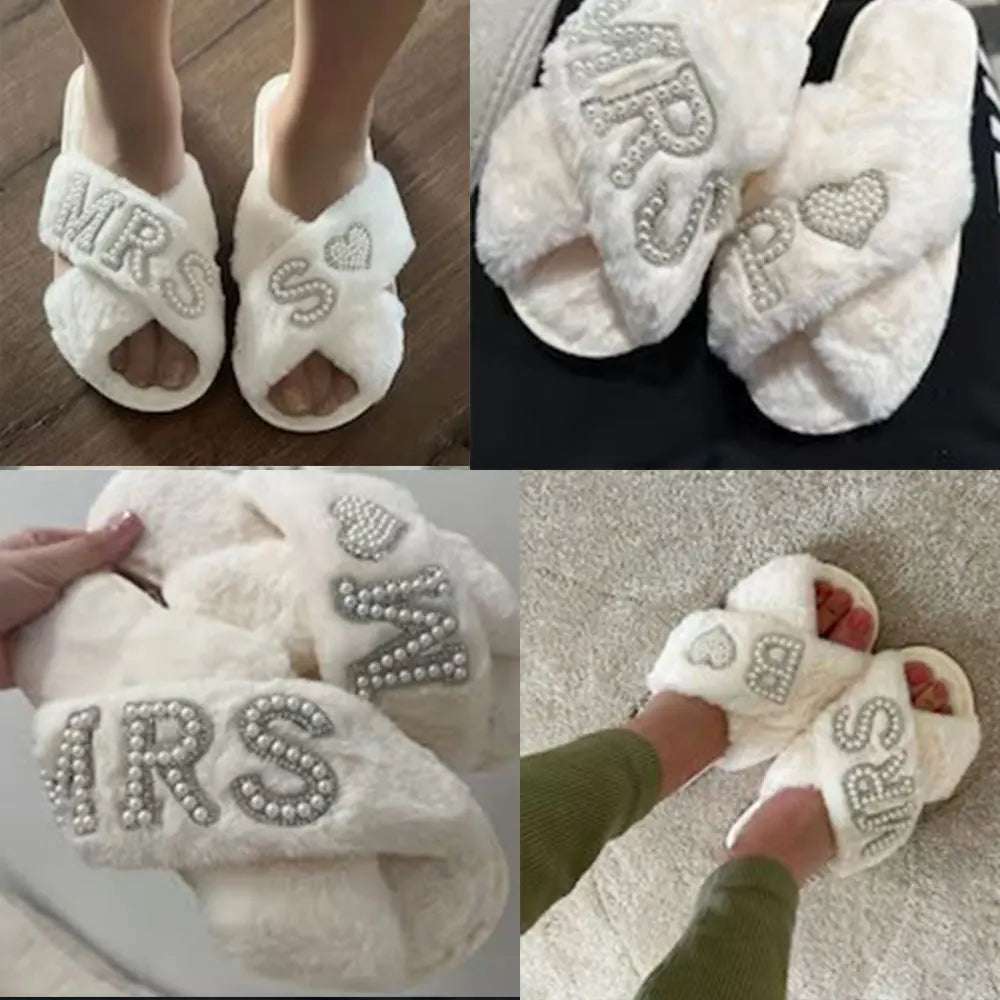 Personalised Bride Mrs Pearl Fluffy Slippers - slippers from Dear Cece - Just £24.99! Shop now at Dear Cece