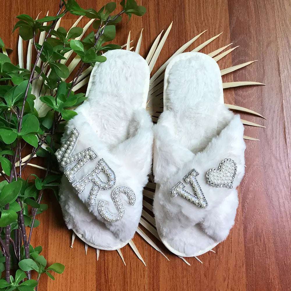 Personalised Bride Mrs Pearl Fluffy Slippers - slippers from Dear Cece - Just £24.99! Shop now at Dear Cece