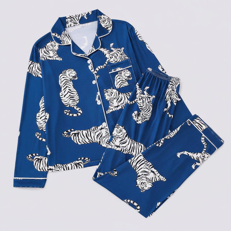 Royal blue tiger print sleepwear pyjama set