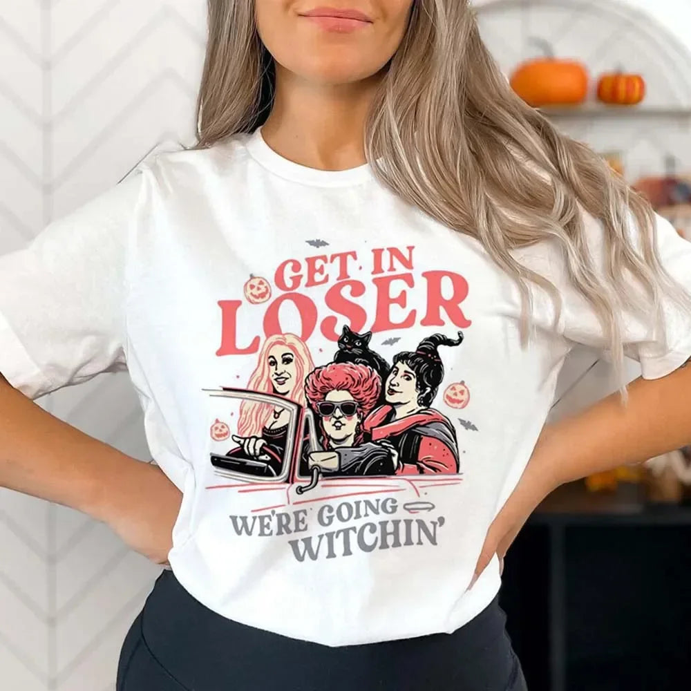 model wearing Get In Loser Halloween Witch T-Shirt