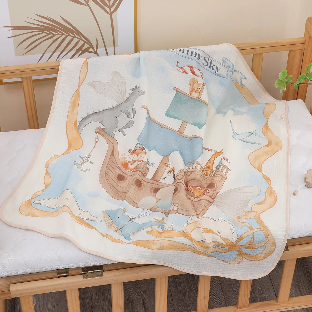 Noah's Ark blanket on a crib with a wooden crib and beige wall in the background