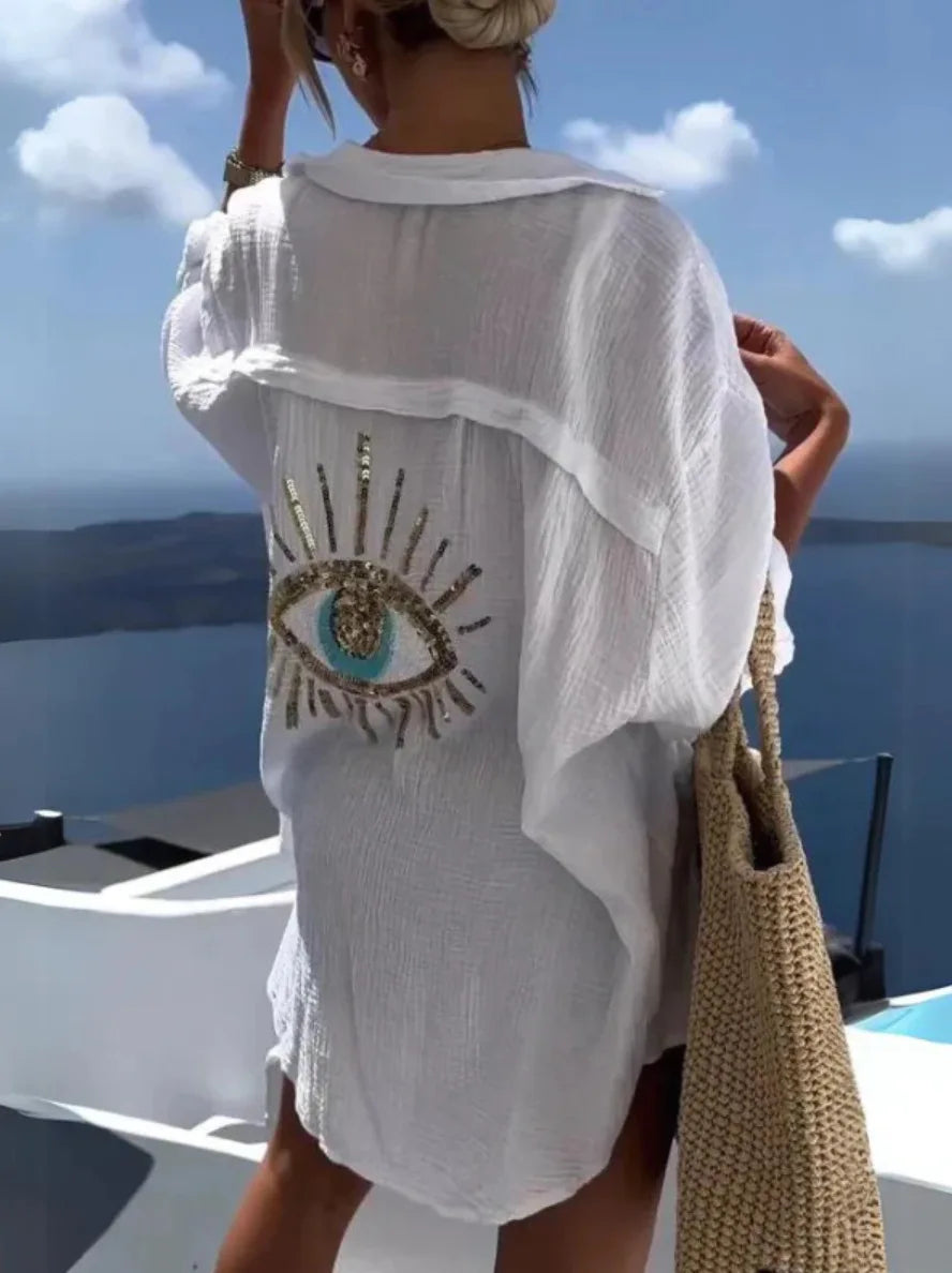 Sequin Evil Eye Oversize Linen Beach Shirt