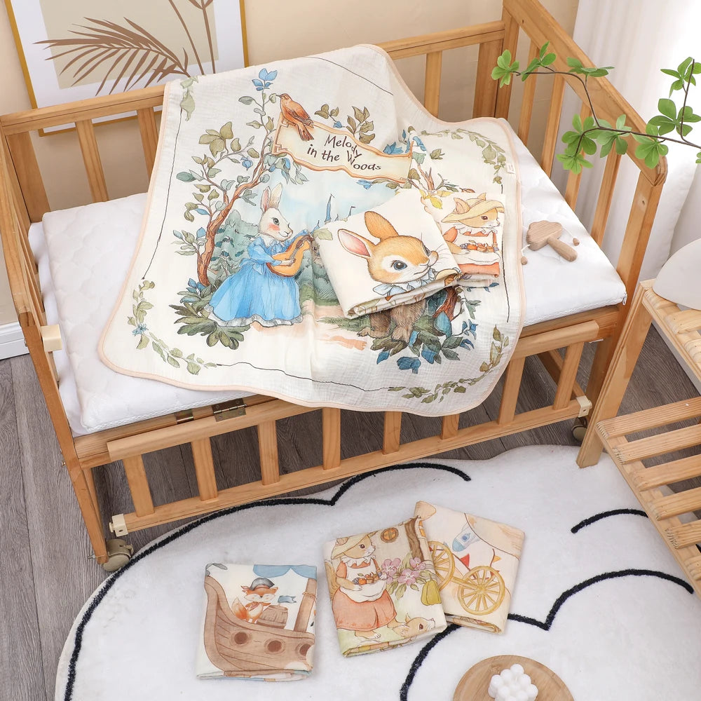 Wooden crib with baby towel and books featuring animal illustrations on a white rug.