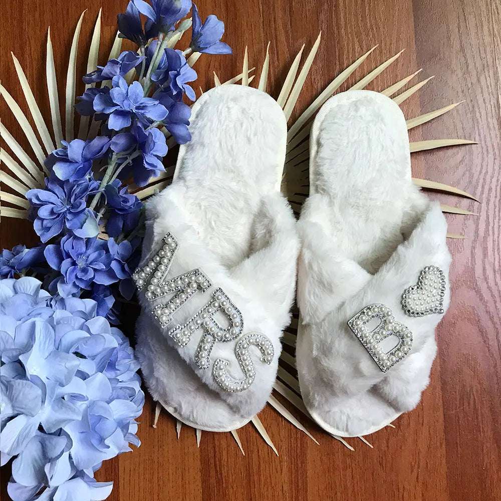 Personalised Bride Mrs Pearl Fluffy Slippers - slippers from Dear Cece - Just £24.99! Shop now at Dear Cece