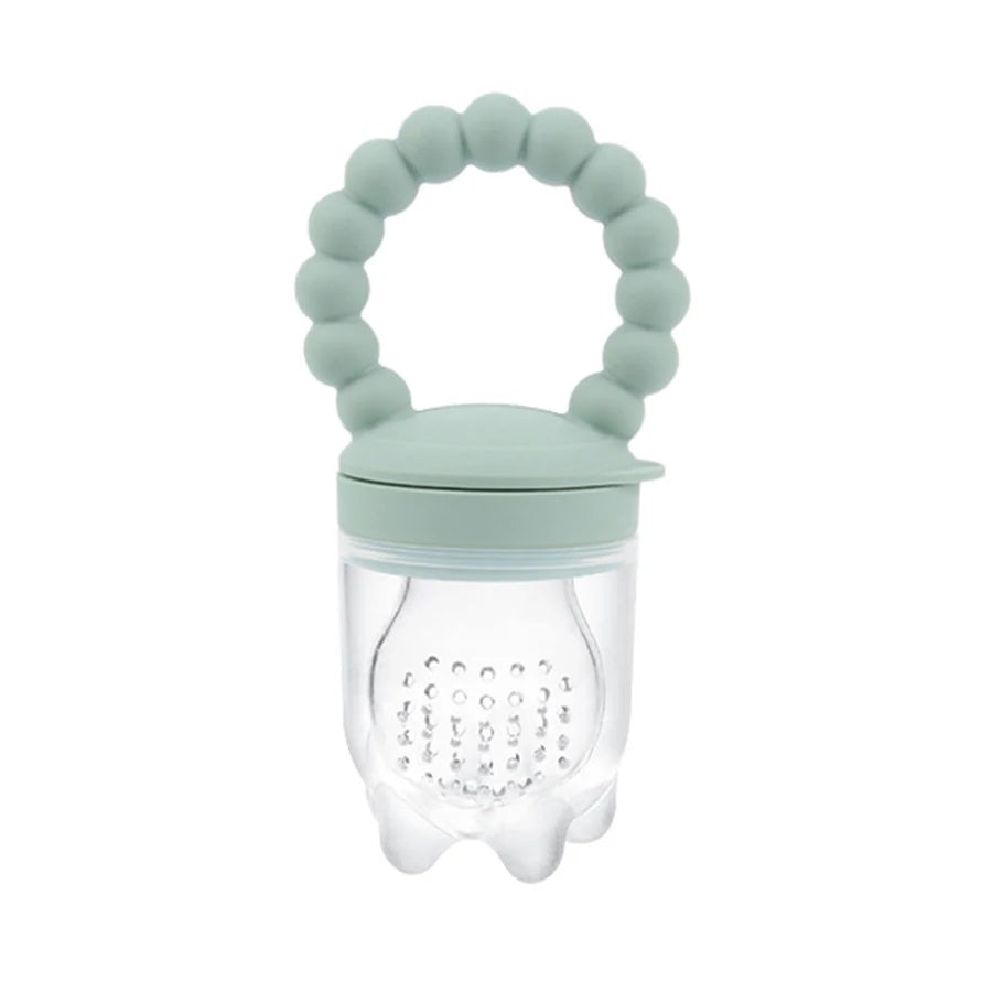 Mint green baby teether with clear container on a white background
