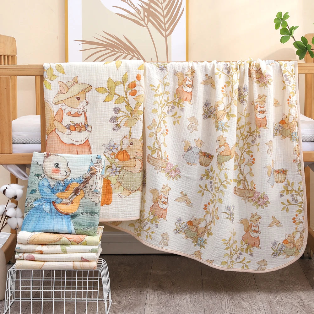 Children's towel with cartoon characters draped over a crib in a nursery setting.