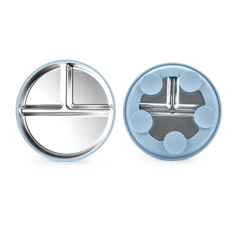 Two round metallic objects with divided sections on a white background