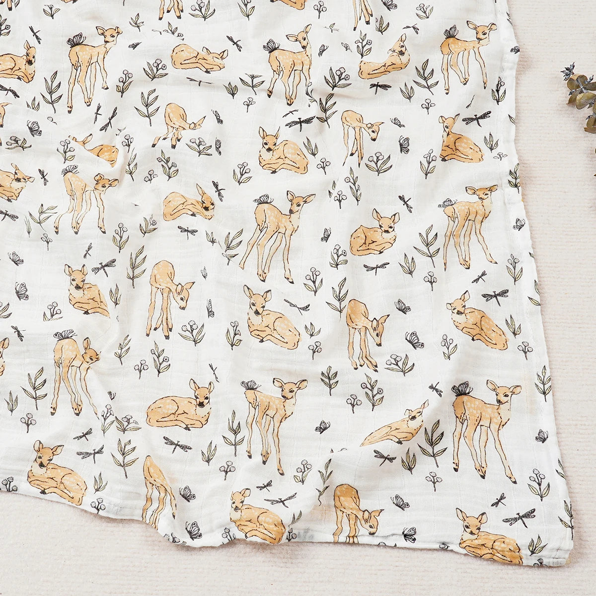 Flannel fabric with deer and nature pattern on a white background