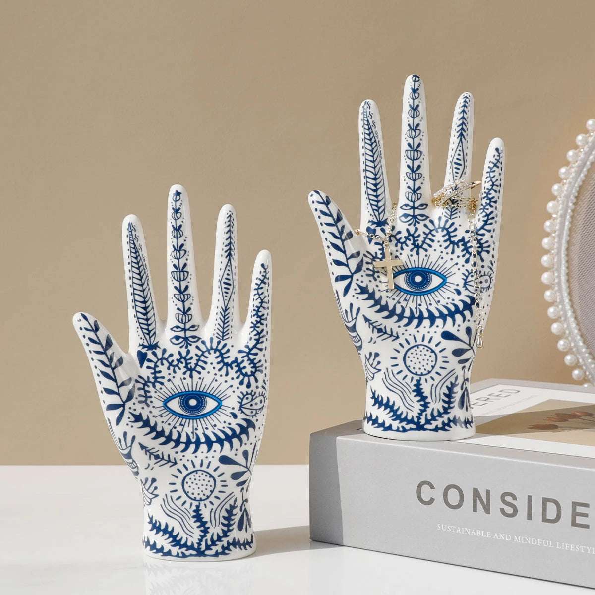 Hamsa Evil Eye Ceramic Hand Ring Holder